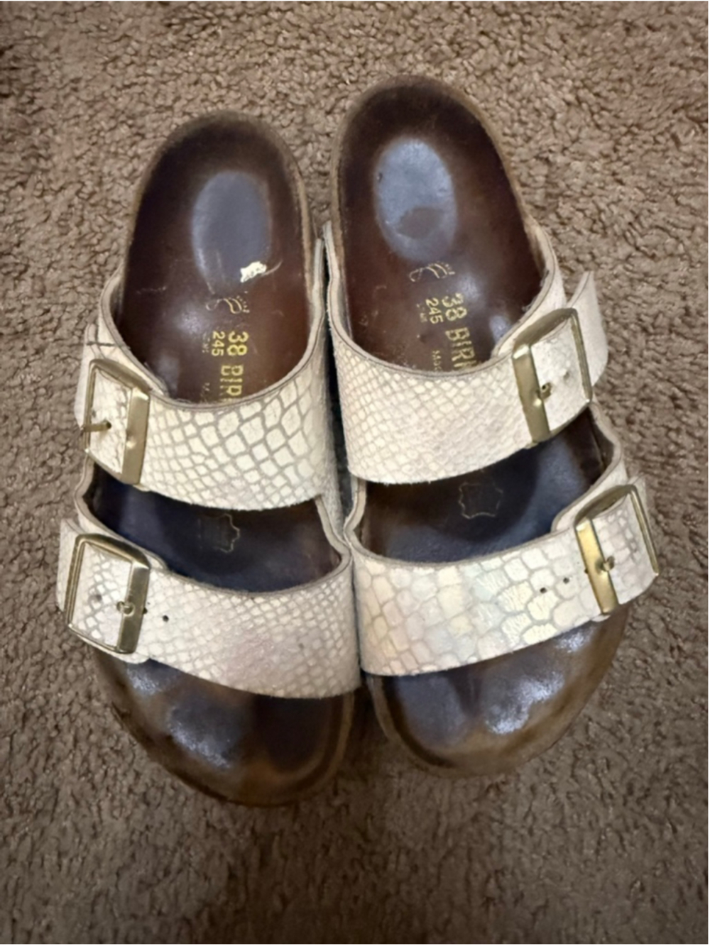 Women's Birkenstock Arizona Python Sandals Size 7 White Gold Snake Print - Picture 2 of 7